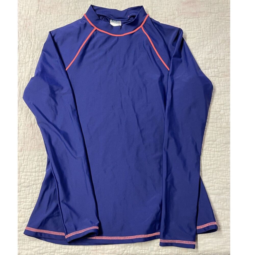 Boden Boys’ Long Sleeve Rash Guard Swim Top – Blue with Orange Trim, Size US 10